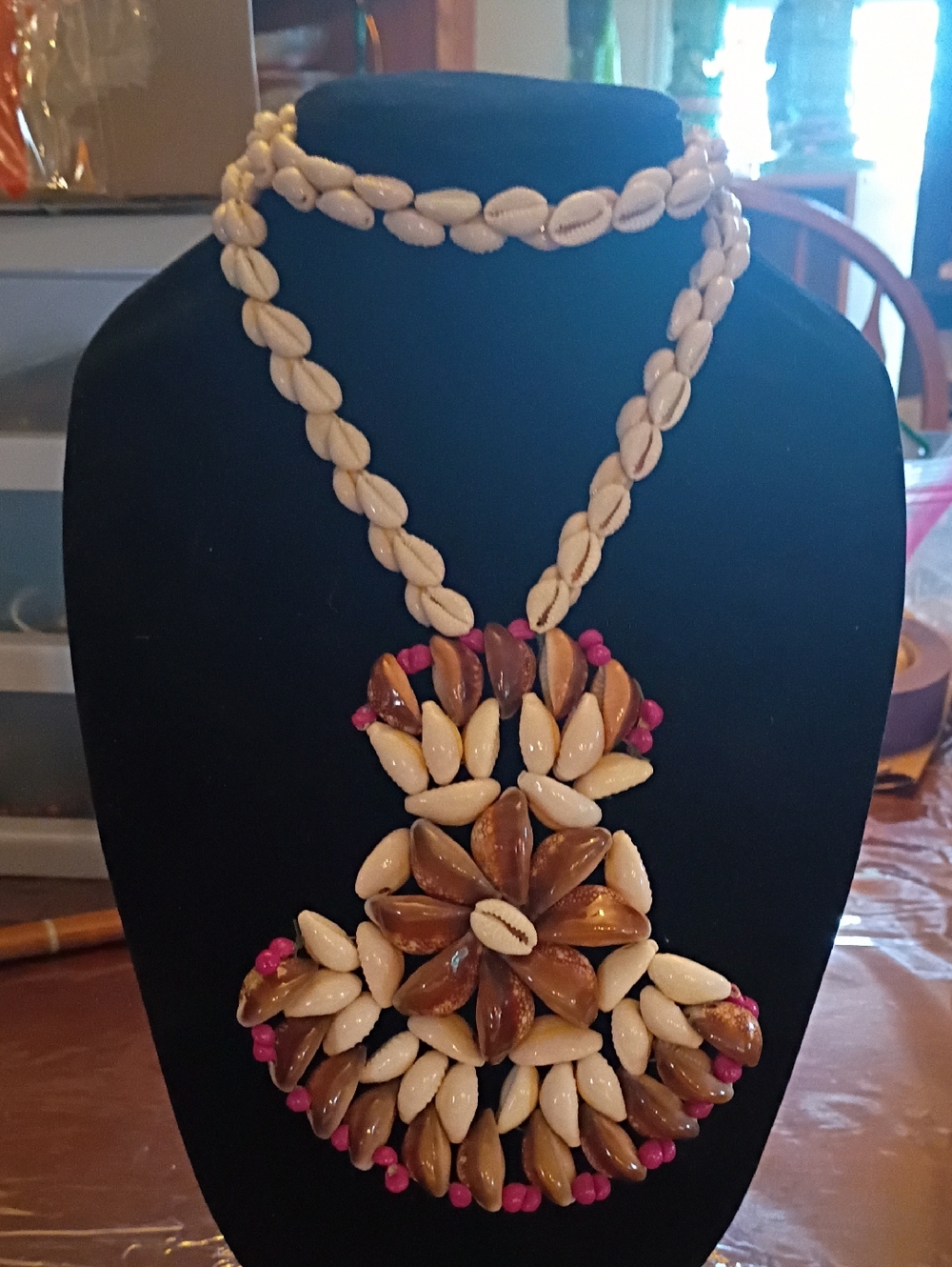 Handcrafted Shell Statement Necklace in White, Brown & Pink